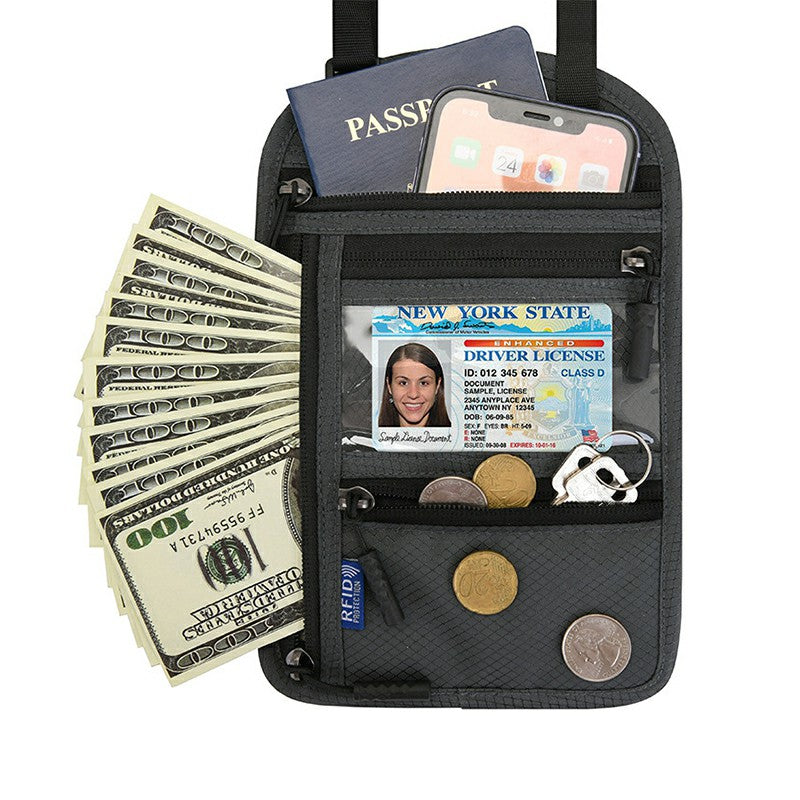 Multifunctinal Security Neck Rfid Bag Stash Pouch Wallet Bag Passport Holder Rfid Blocking for Travel - Grey