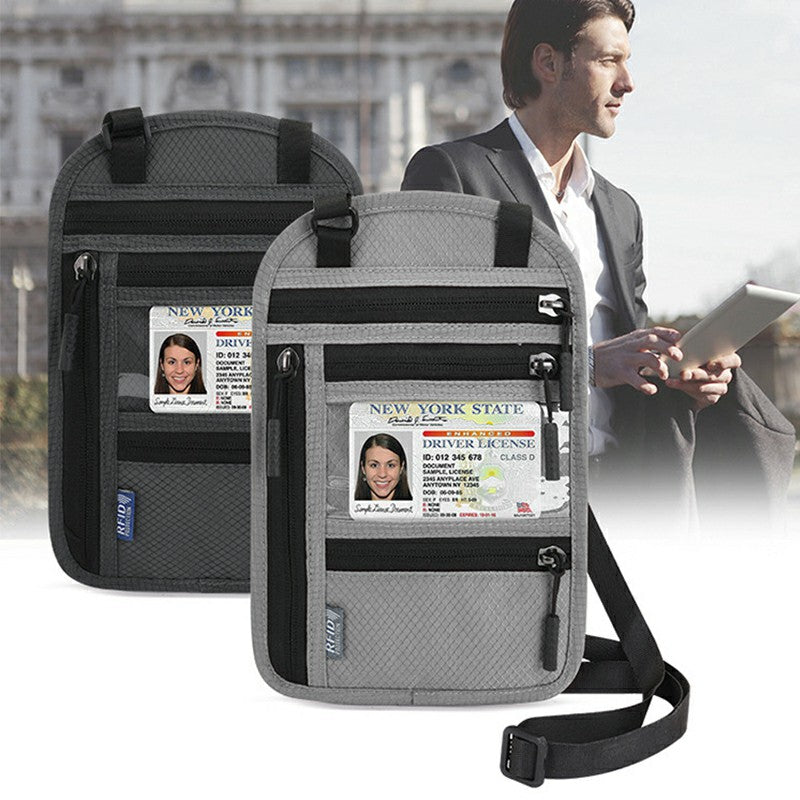 Multifunctinal Security Neck Rfid Bag Stash Pouch Wallet Bag Passport Holder Rfid Blocking for Travel - Grey