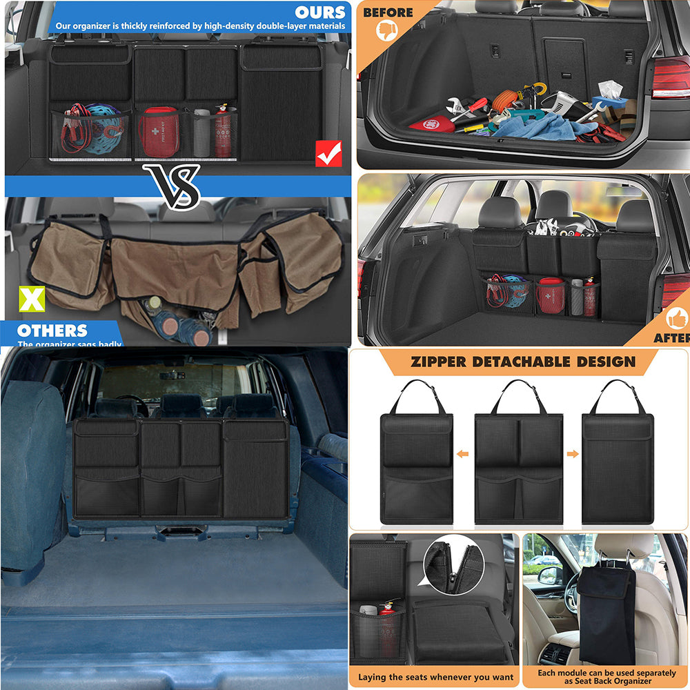 Detachable Seat Back Hanging Organisers Storage Bag with Zippers Large Capacity for Jeeps SUVs Vans - Black