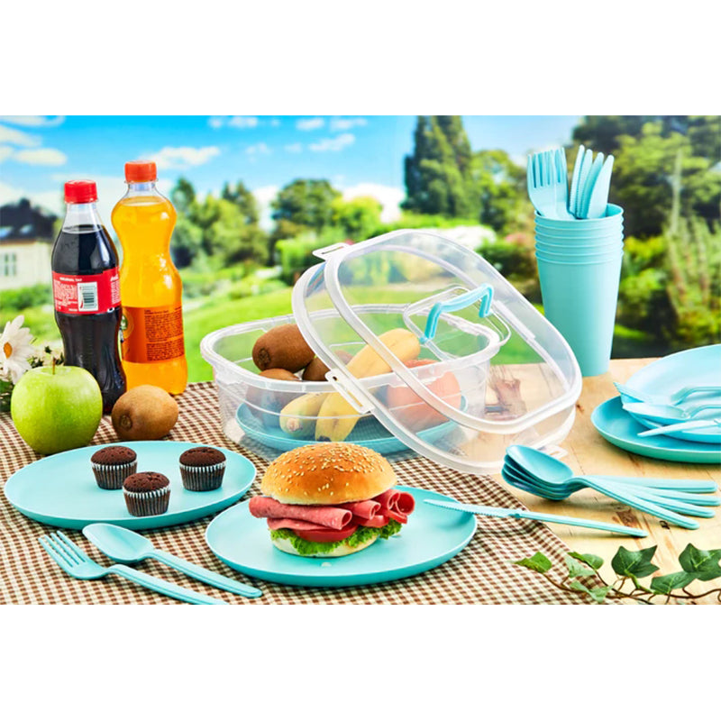 32 pcs Plastic Dinner Plate Mug Cutlery Set for Picnic Camping Party with Storage Box Mixed Colours - Random Sent