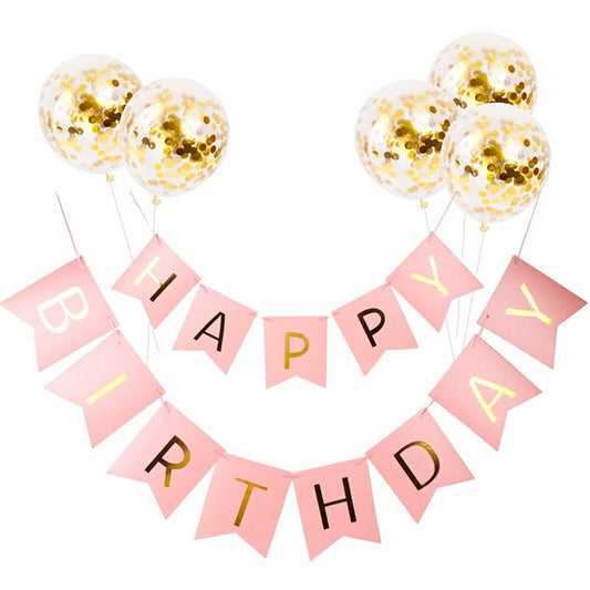 Bunting Banner and Foil Latex Confetti Round Sequins Balloon for Party - Pink