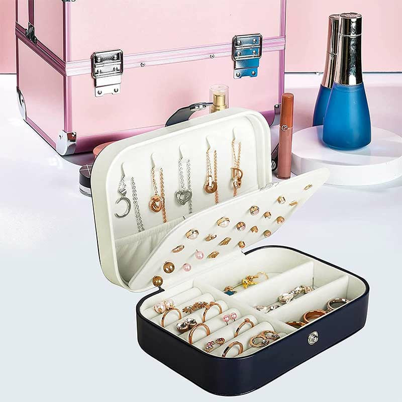 Mini Small Organizer Portable Display Storage Case for Women Earrings Rings Leather Jewelry Box - Navy