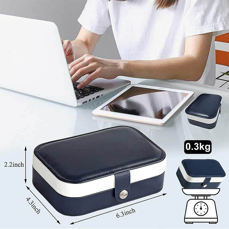 Mini Small Organizer Portable Display Storage Case for Women Earrings Rings Leather Jewelry Box - Navy