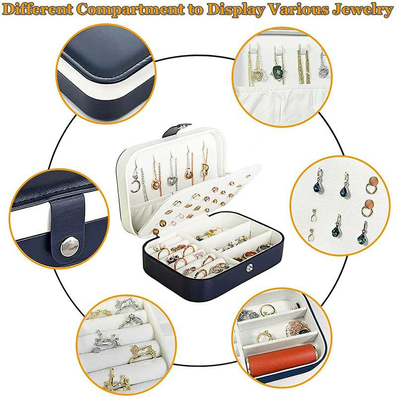 Mini Small Organizer Portable Display Storage Case for Women Earrings Rings Leather Jewelry Box - Navy