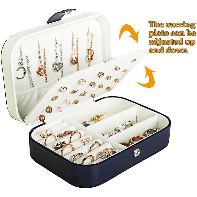 Mini Small Organizer Portable Display Storage Case for Women Earrings Rings Leather Jewelry Box - Navy