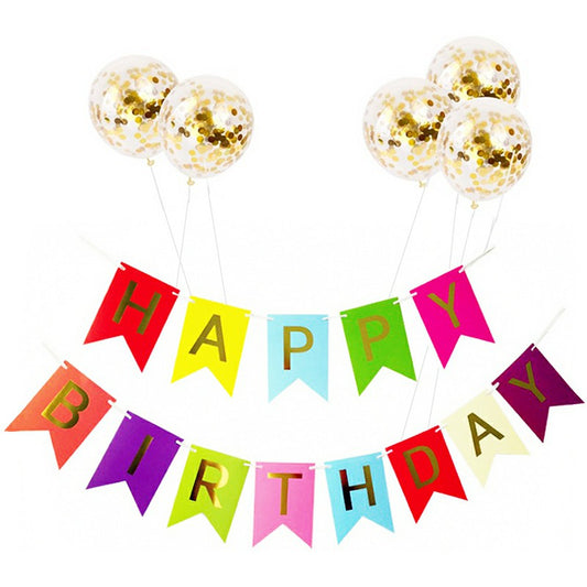 Bunting Banner and Foil Latex Confetti Round Sequins Balloon for Party - Colorful