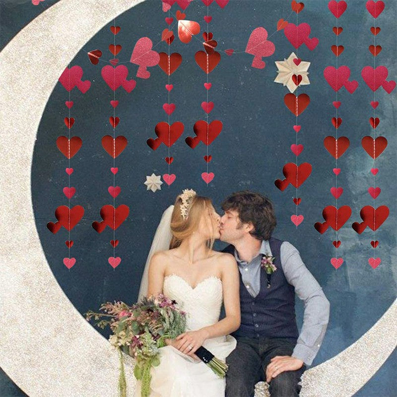 4M Red Love Heart Garland Hanging Double Sided Glitter Metallic Paper Streamer Banner - Double Love