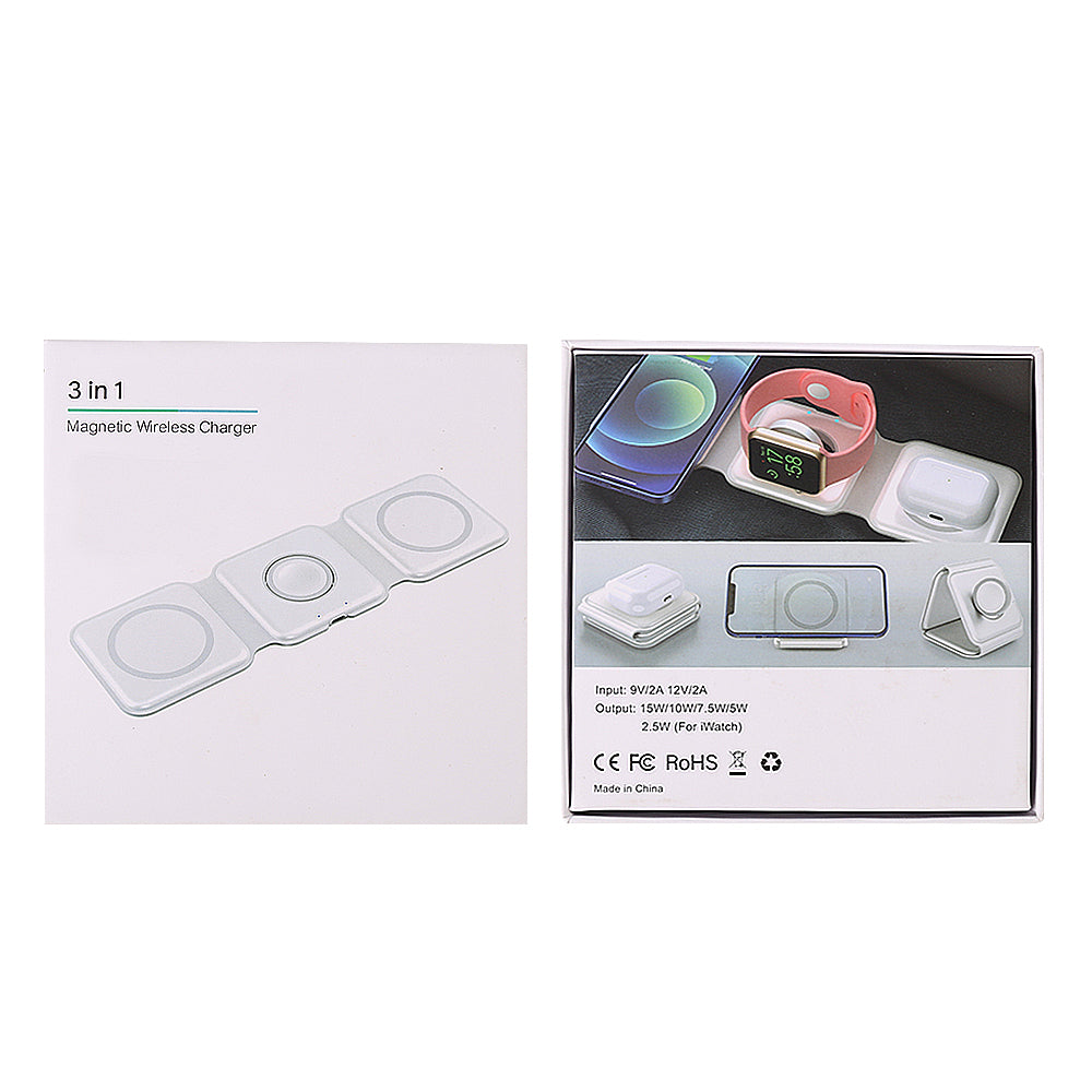 3 in 1 Foldable 15W Magnetic Wireless Charger Mat Pad for iPhone Apple Watch - White