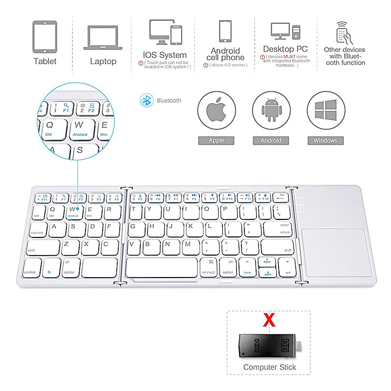 Multi Device Universal Wireless Bluetooth Keyboard Foldable Keyboard with Touch Pad for iOS Android Windows iPhone iPad Tablet MAC - White