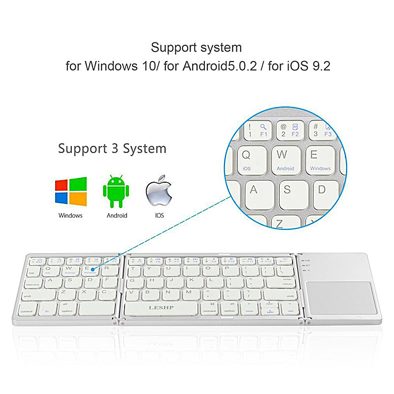 Multi Device Universal Wireless Bluetooth Keyboard Foldable Keyboard with Touch Pad for iOS Android Windows iPhone iPad Tablet MAC - White