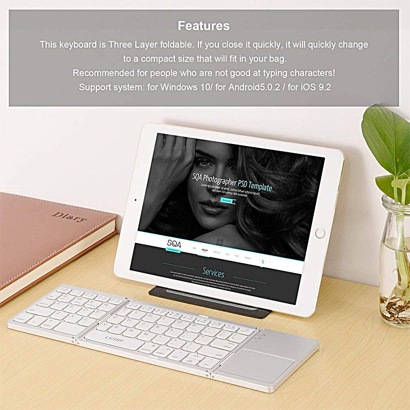 Multi Device Universal Wireless Bluetooth Keyboard Foldable Keyboard with Touch Pad for iOS Android Windows iPhone iPad Tablet MAC - White