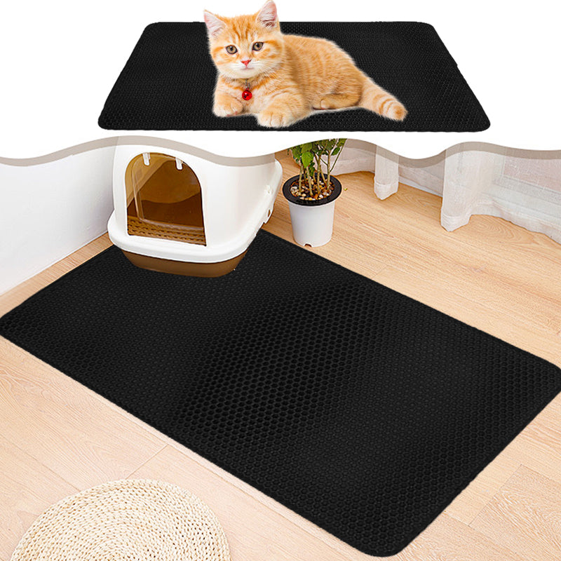 Double Layer Cat Litter Mat Non Slip Cat Litter Trapper Washable Pad for Cats Litter Box Paw Clean - Black