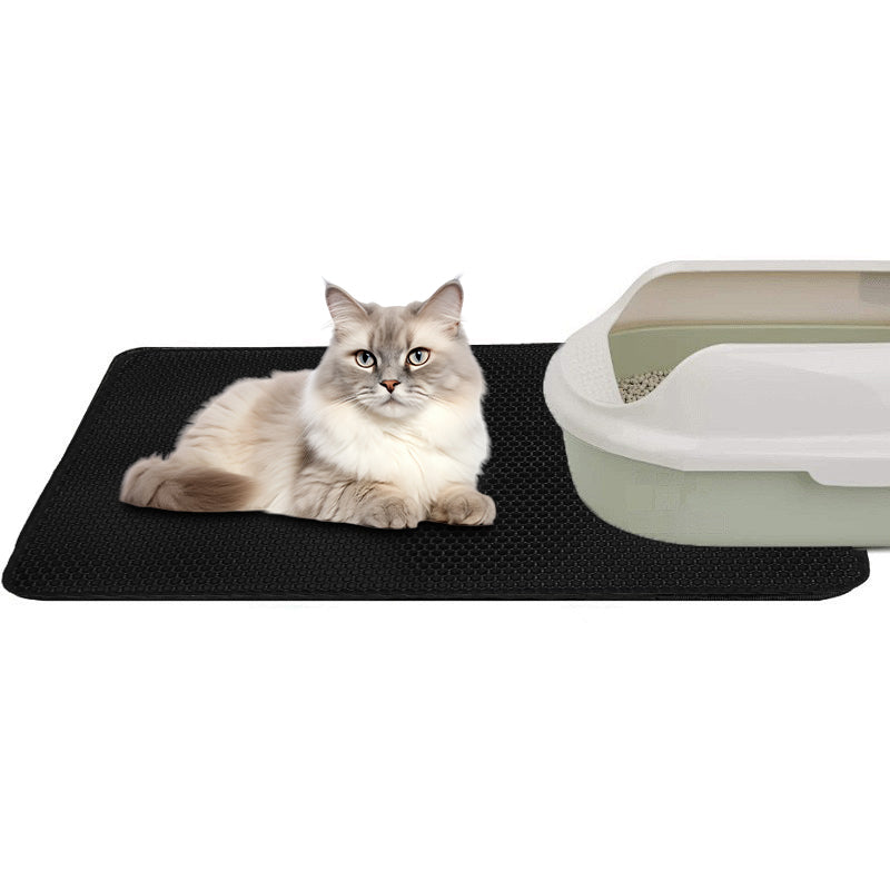 Double Layer Cat Litter Mat Non Slip Cat Litter Trapper Washable Pad for Cats Litter Box Paw Clean - Black