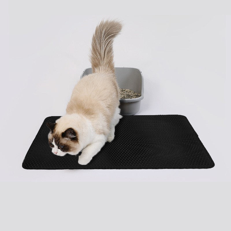 Double Layer Cat Litter Mat Non Slip Cat Litter Trapper Washable Pad for Cats Litter Box Paw Clean - Black