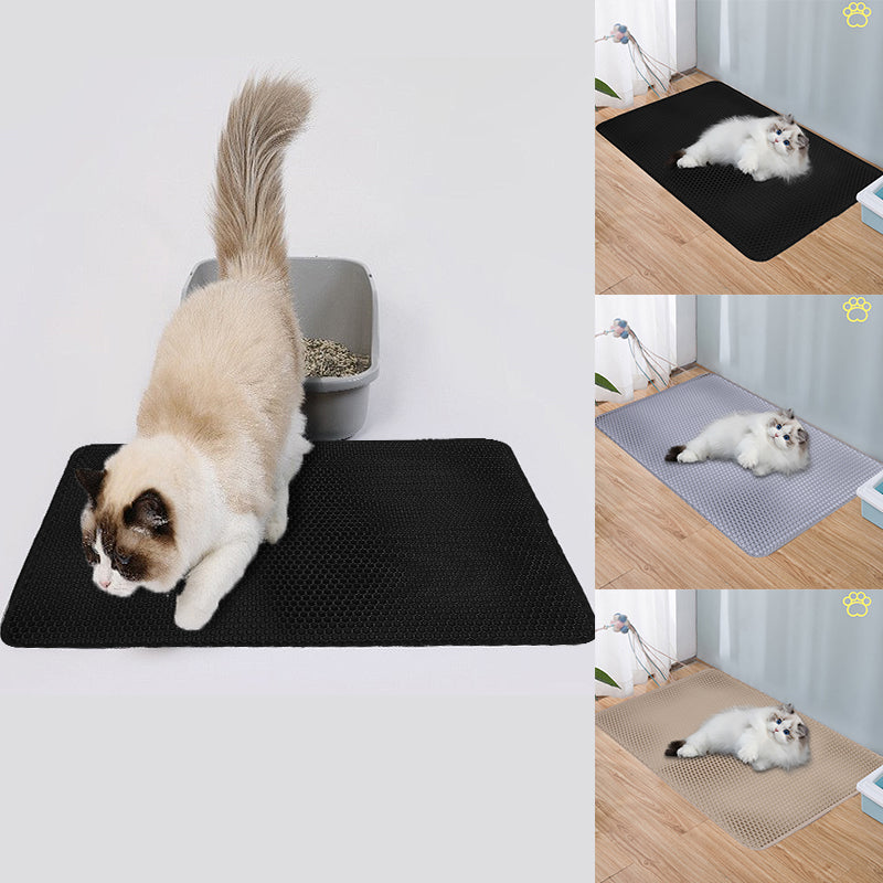 Double Layer Cat Litter Mat Non Slip Cat Litter Trapper Washable Pad for Cats Litter Box Paw Clean - Black