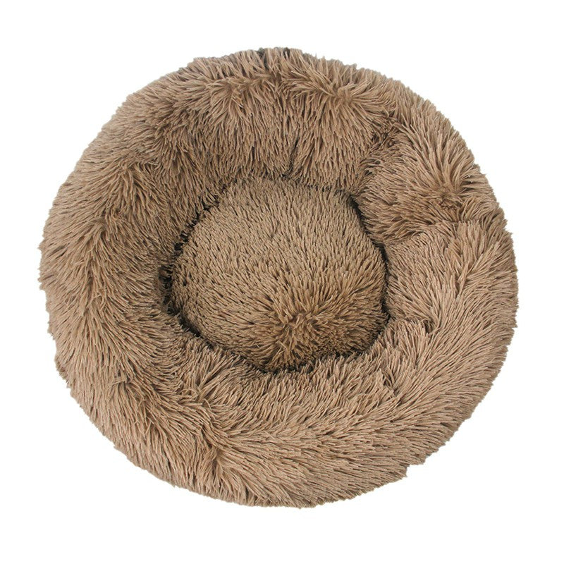 Cat Puppy Calming Plush Cushion Round Pet Bed without Zippers and Non-removable - Khaki Diameter 50cm
