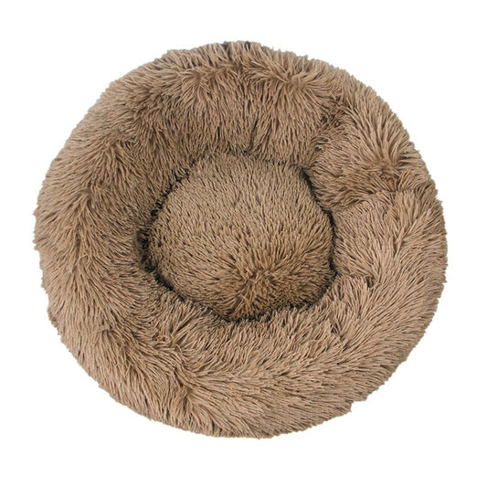Cat Puppy Calming Plush Cushion Round Pet Bed without Zippers and Non-removable - Khaki Diameter 50cm
