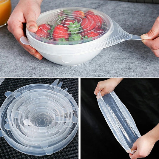 6 pcs Magic Silicone Stretch Lid Reusable Wrap Covers Microwave Oven Compatible - Clear